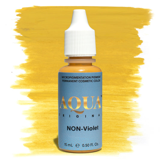 Bottle of Aqua Original Non-Violet pigment with a yellow swatch on a white background, a PMU modifier designed to neutralize violet or overly cool brows for natural, warm results