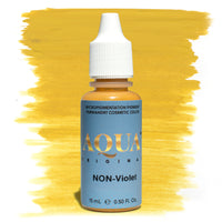 Bottle of Aqua Original Non-Violet pigment with a yellow swatch on a white background, a PMU modifier designed to neutralize violet or overly cool brows for natural, warm results