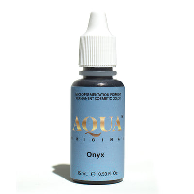 Bottle of Aqua Original Onyx eyeliner pigment on a white background, a rich black PMU pigment ideal for permanent eyeliner and lash enhancement.