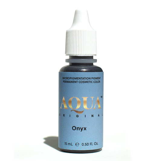 Bottle of Aqua Original Onyx eyeliner pigment on a white background, a rich black PMU pigment ideal for permanent eyeliner and lash enhancement.