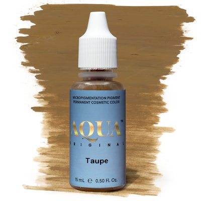 Bottle of Aqua Original Taupe micropigmentation pigment with a light brown swatch on a white background, a cool-toned PMU pigment ideal for blonde and light brown brows.