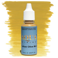 Bottle of Aqua Original Yellow Olive Mod pigment with a yellow swatch on a white background, a PMU modifier formulated to neutralize purple or red brows for balanced, natural results.
