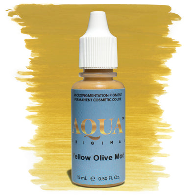 Bottle of Aqua Original Yellow Olive Mod pigment with a yellow swatch on a white background, a PMU modifier formulated to neutralize purple or red brows for balanced, natural results.