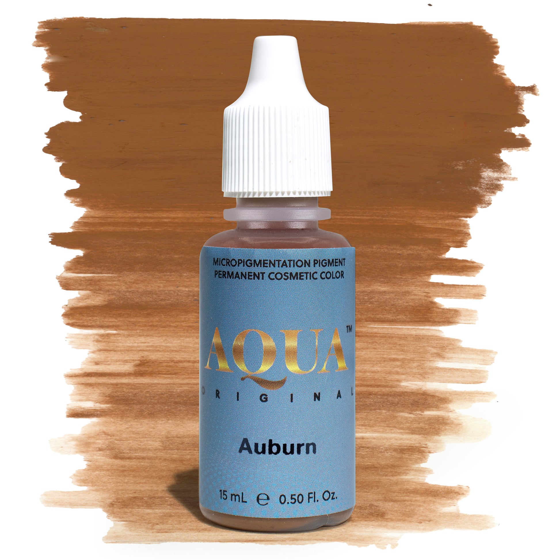 Aqua Auburn PMU pigment bottle with brown swatch – warm, reddish-brown permanent makeup pigment ideal for clients with auburn hair or warm undertones.