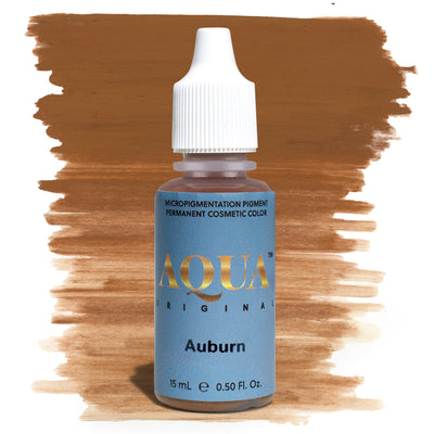 Aqua Auburn PMU pigment bottle with brown swatch – warm, reddish-brown permanent makeup pigment ideal for clients with auburn hair or warm undertones.