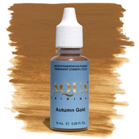 qua Autumn Gold PMU pigment bottle with brown swatch – warm, golden-brown permanent makeup pigment ideal for eyebrow correction and warm tone adjustments.