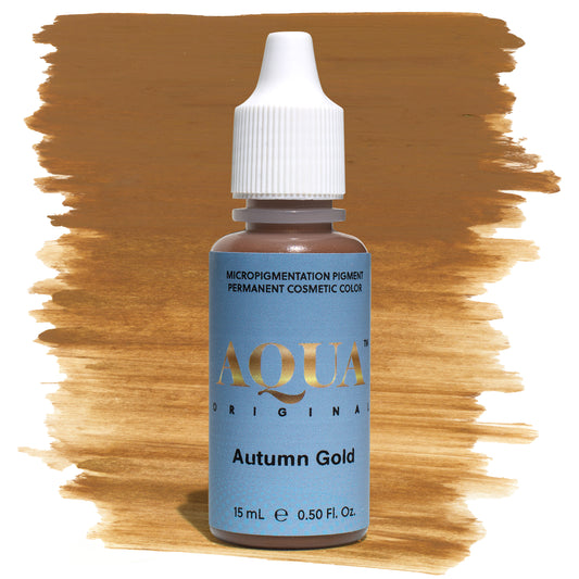 qua Autumn Gold PMU pigment bottle with brown swatch – warm, golden-brown permanent makeup pigment ideal for eyebrow correction and warm tone adjustments.