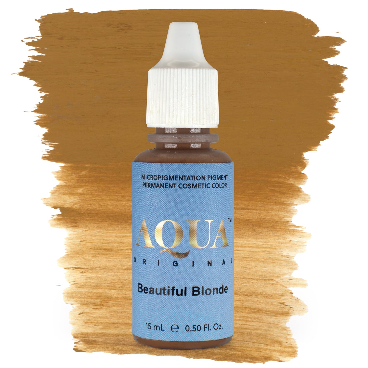 Aqua Beautiful Blonde PMU pigment bottle with brown swatch – soft, light warm-brown permanent makeup pigment designed for blonde clients and fair skin tones.