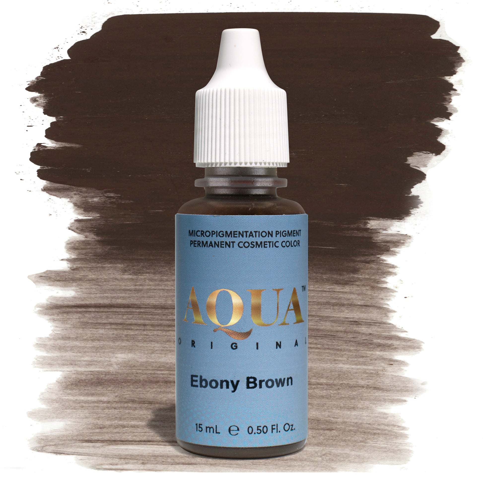 Aqua Ebony Brown PMU pigment bottle with dark brown swatch – deep, cool-toned permanent makeup pigment ideal for creating bold, defined brows on darker skin tones.
