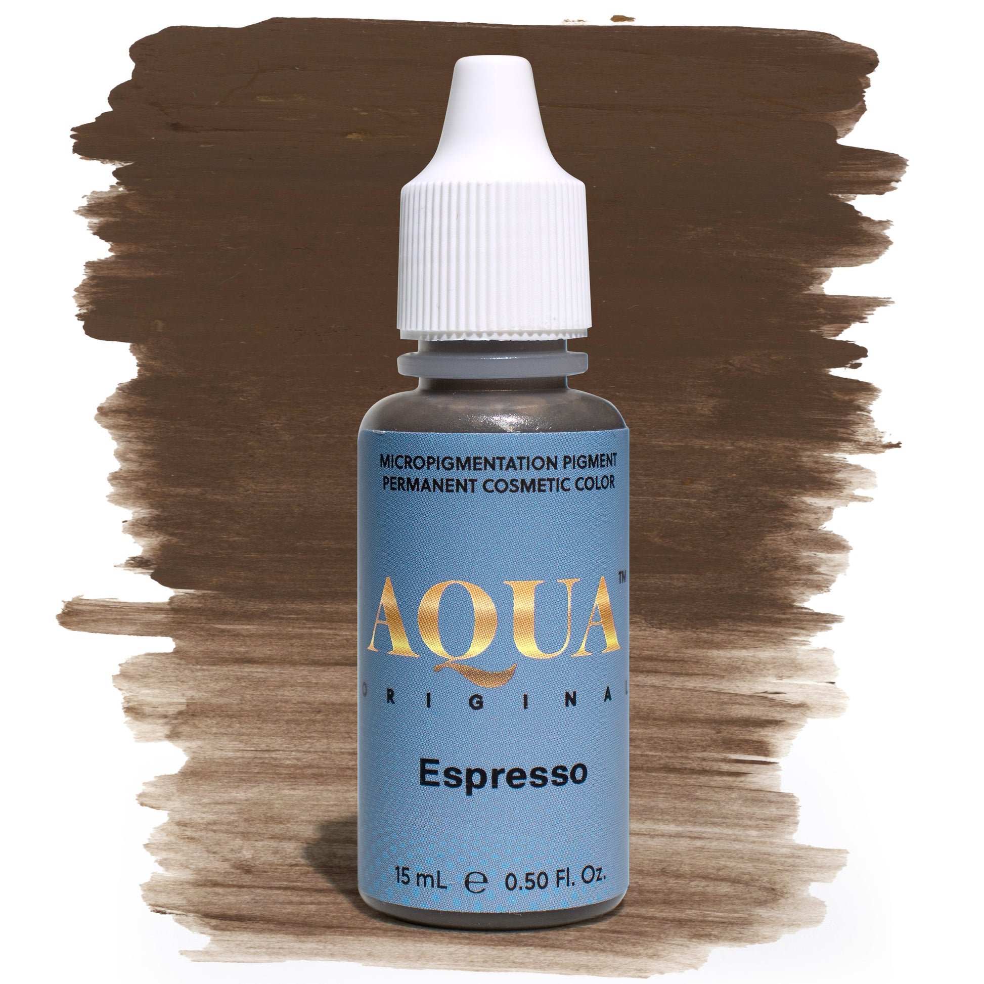 Aqua Espresso PMU pigment bottle with dark brown swatch – deep, cool-toned permanent makeup pigment ideal for brunette clients and defined eyebrow shading.