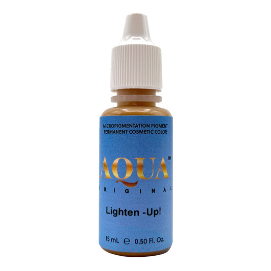 Aqua Lighten-Up pigment bottle used for lightening and correcting eyebrow tattoos, suitable for modifying healed results or overly dark brows.

