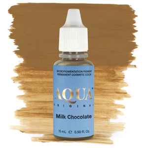 Aqua Milk Chocolate PMU pigment bottle with brown swatch – warm medium-brown permanent makeup pigment ideal for eyebrow shading and natural healed results.