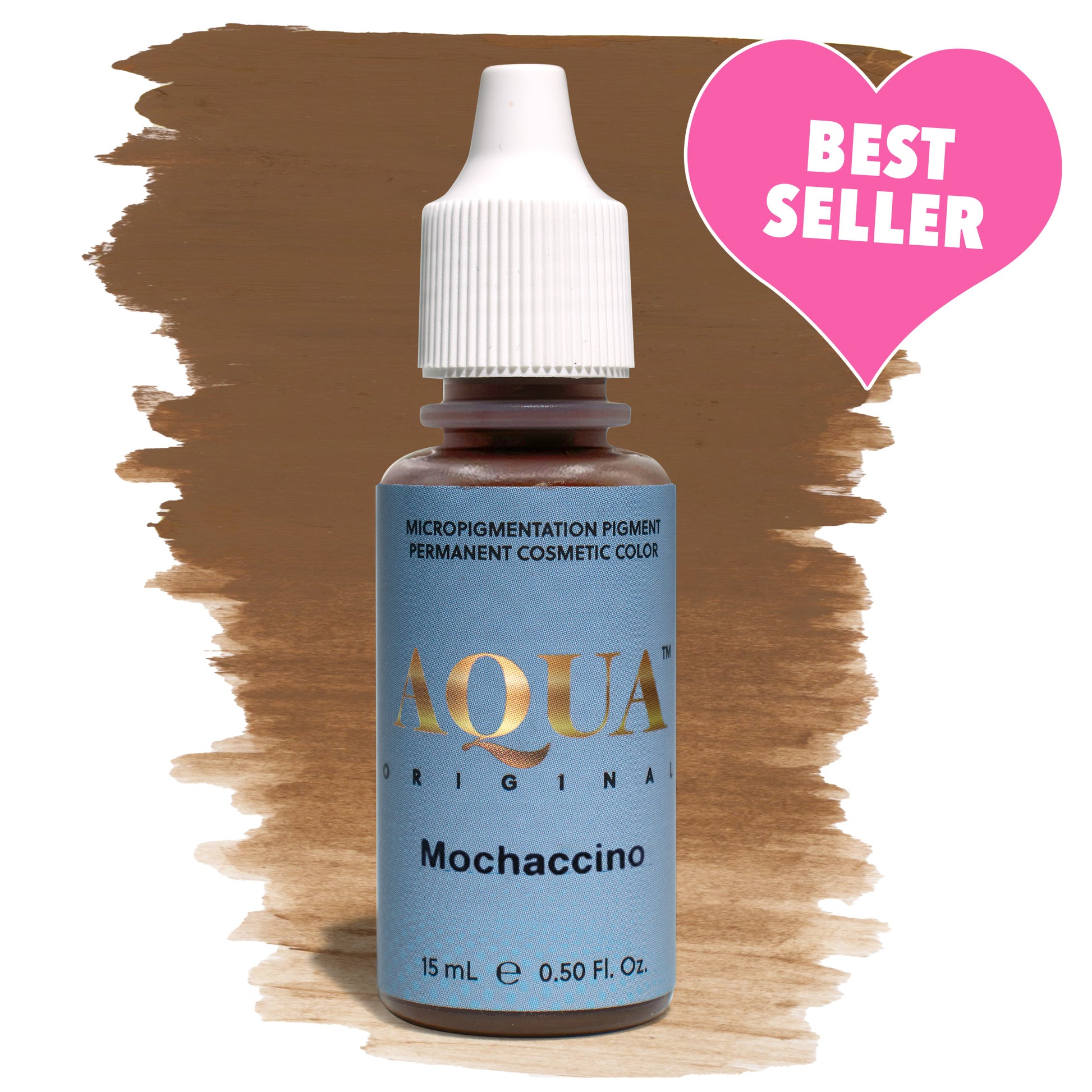 Aqua Original Mochaccino PMU pigment bottle with brown color swatch and pink “Best Seller” label – a popular eyebrow pigment for medium to tan skin tones with neutral warmth.