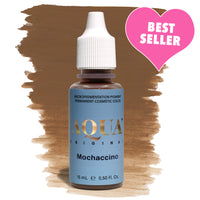 Aqua Original Mochaccino PMU pigment bottle with brown color swatch and pink “Best Seller” label – a popular eyebrow pigment for medium to tan skin tones with neutral warmth.