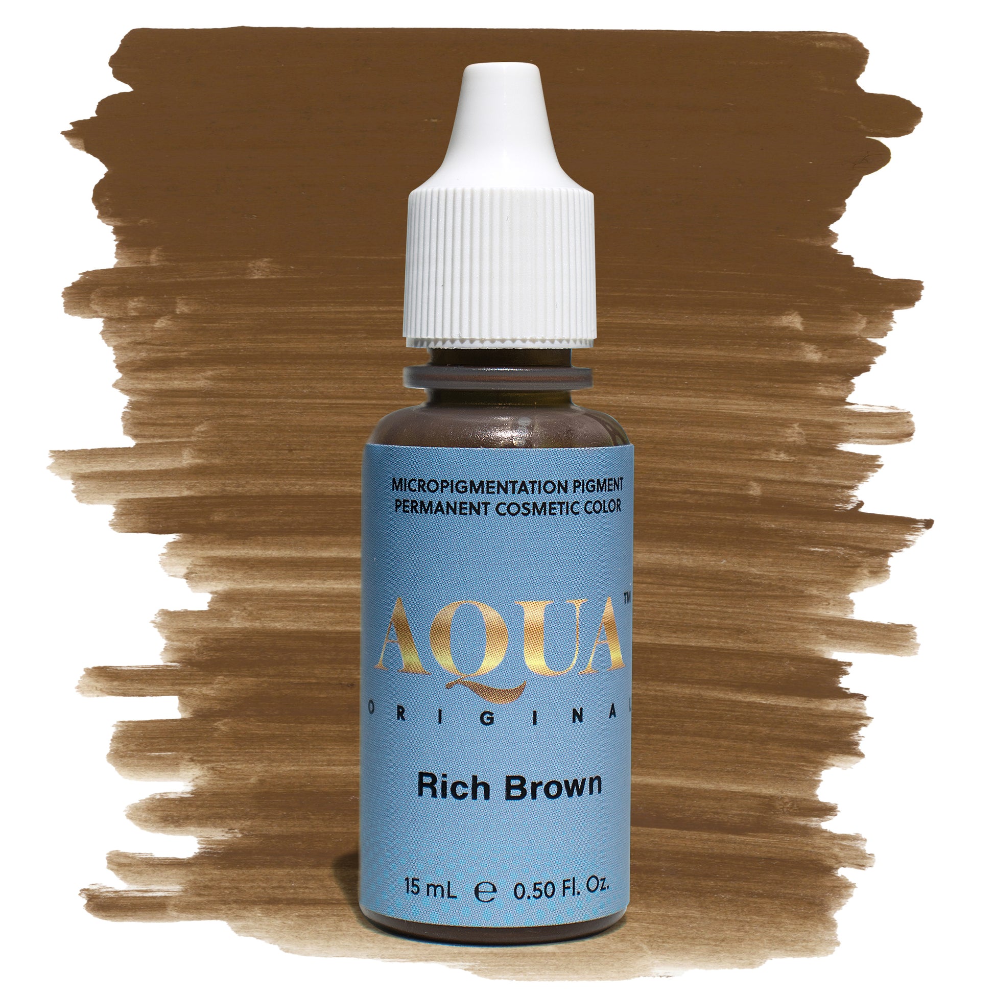 Aqua Rich Brown PMU pigment bottle with brown swatch – medium, warm brown permanent makeup pigment for natural-looking eyebrows and color correction.