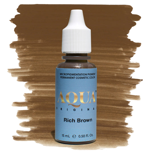 Aqua Rich Brown PMU pigment bottle with brown swatch – medium, warm brown permanent makeup pigment for natural-looking eyebrows and color correction.