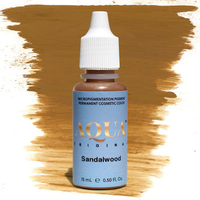 Aqua Sandalwood PMU pigment bottle with brown swatch – warm, medium-brown permanent makeup pigment ideal for eyebrow shading and neutralizing cool tones.