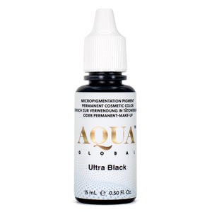 Close-up of Aqua Ultra Black pigment bottle for permanent eyeliner procedures.