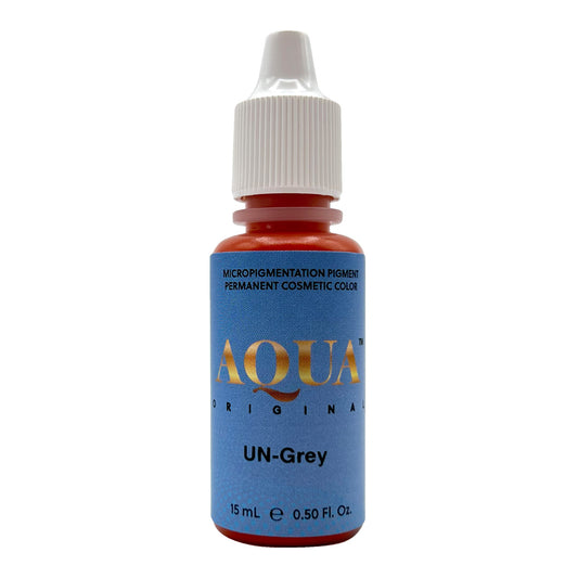 Aqua UN-Grey pigment bottle in 15mL size for correcting gray or cool-toned eyebrows in permanent makeup procedures.
