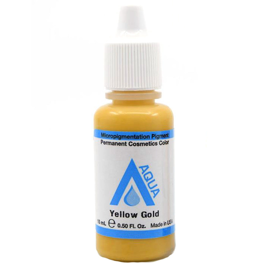 Bottle of Aqua Yellow Gold pigment used for permanent makeup color correction and warm-ups.