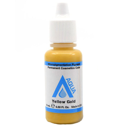Bottle of Aqua Yellow Gold pigment used for permanent makeup color correction and warm-ups.