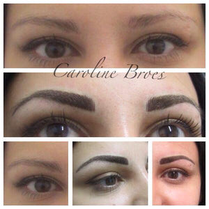 Healed eyebrow work by Caroline Broes using Aqua pigments Yellow Gold, UN-Grey, and Espresso for a rich, natural brow finish.