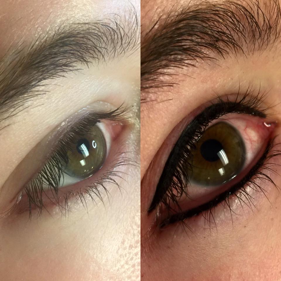 Before and after comparison of permanent eyeliner tattoo using Aqua Onyx pigment by Erik Berntsen. Crisp lash enhancement.