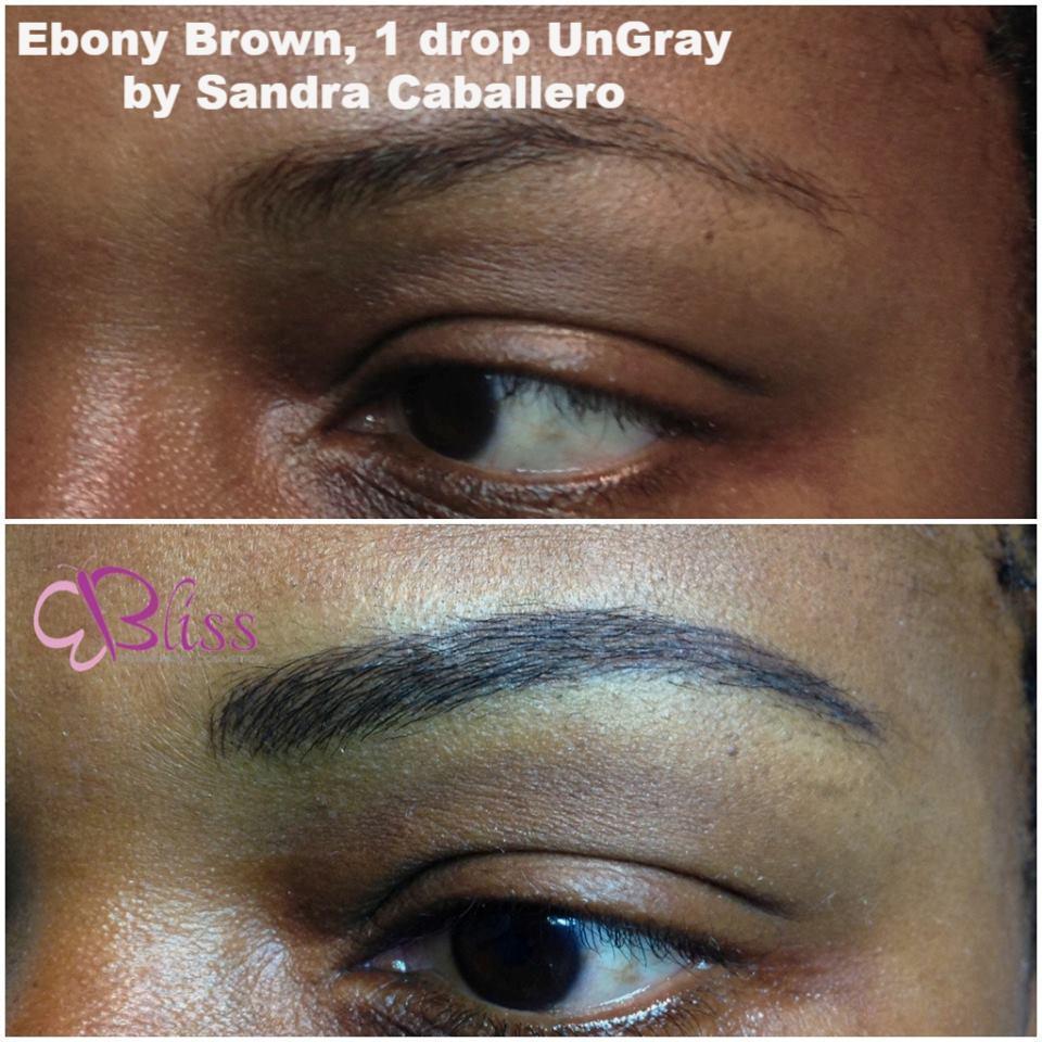 Before and after brow transformation using Aqua Ebony Brown with one drop of UnGray, by Sandra Caballero.