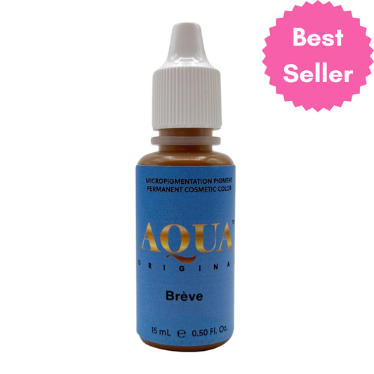 Aqua Brève permanent makeup pigment bottle labeled Best Seller—ideal for natural warm blonde brows.


