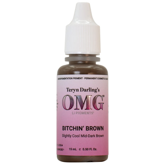 Bitchin' Brown OMG Brow Pigment – slightly cool mid-dark brown pigment in 15mL bottle for permanent makeup.