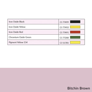 Bitchin' Brown OMG Brow Pigment CI chart listing ingredients like iron oxide black, red, yellow, and green.