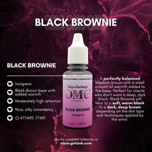 Black Brownie OMG Eyeliner Pigment – soft, warm black to deep brown inorganic formula with added warmth for versatile eyeliner results.