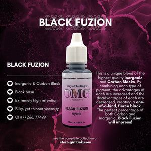Black Fuzion OMG Eyeliner Pigment – hybrid formula with Carbon and Inorganic Blacks for bold, high-retention eyeliner results.