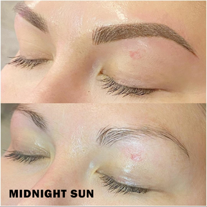 Before and after permanent makeup brows using Midnight Sun pigment, showing soft healed brown color and natural brow definition on fair skin.