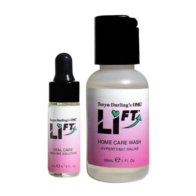 Teryn Darling’s OMG Li-FT Home Care Wash Hypertonic Saline 30mL bottle for PMU and tattoo removal aftercare, displayed on a white background.