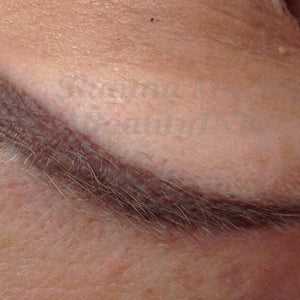 Blue brow correction using Aqua Auburn and Caribbean Mod pigments by Shauna Magrathe, CPCP – beautifully neutralized and healed result.