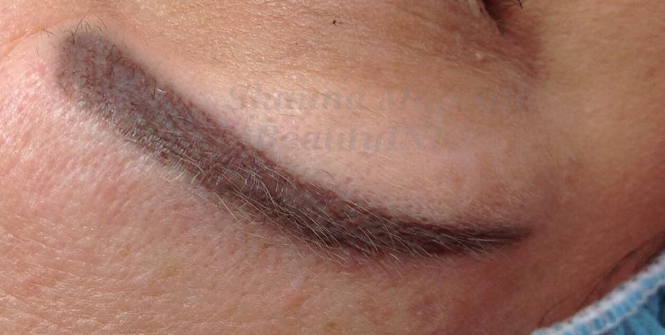 Blue brow correction using Aqua Auburn and Caribbean Mod pigments by Shauna Magrathe, CPCP – beautifully neutralized and healed result.