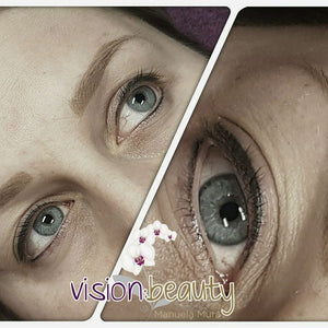 Healed eyebrow tattoo using Aqua Brève pigment blended with Taupe by Manuela Mura at Vision Beauty.