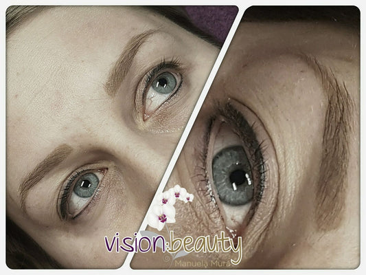 Healed eyebrow tattoo using Aqua Brève pigment blended with Taupe by Manuela Mura at Vision Beauty.