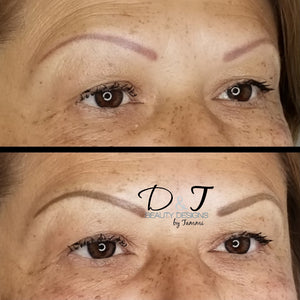 Before and after permanent makeup brow color correction using Brow Mod pigment by Tammi of D&T Beauty Designs