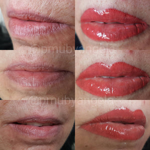 Before and after lip tattoo transformation using Bubble Gum pigment by Angela Torresiani.