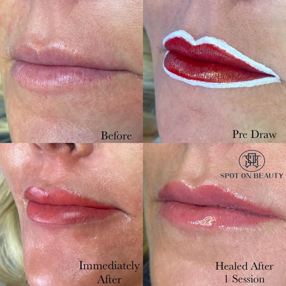 Healed lip tattoo with Candy Rose and Berry Persistent mix by Kara Gutierrez.