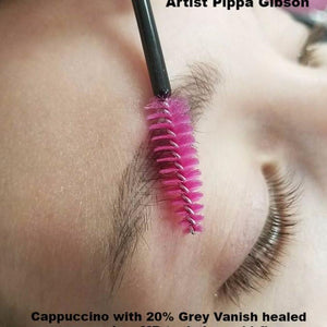 Before and after collage showing healed brows with Aqua Cappuccino and Grey Vanish, MB technique by Pippa Gibson