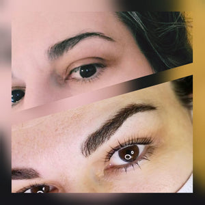 Soft, natural brunette brows by Elena Kezen using Aqua Chocolate Truffle pigment, perfect for light to medium skin tones seeking a defined yet gentle look.
