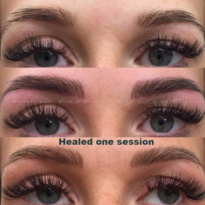 Healed brow tattoo results using Aqua Classic Brown pigment, after just one session by artist Linh Dong.