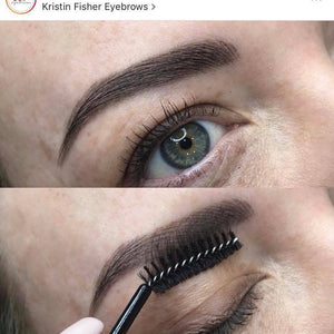 Healed permanent brows after one session using Aqua Classic Brown and Autumn Gold with no modifications by Kristin Fisher.