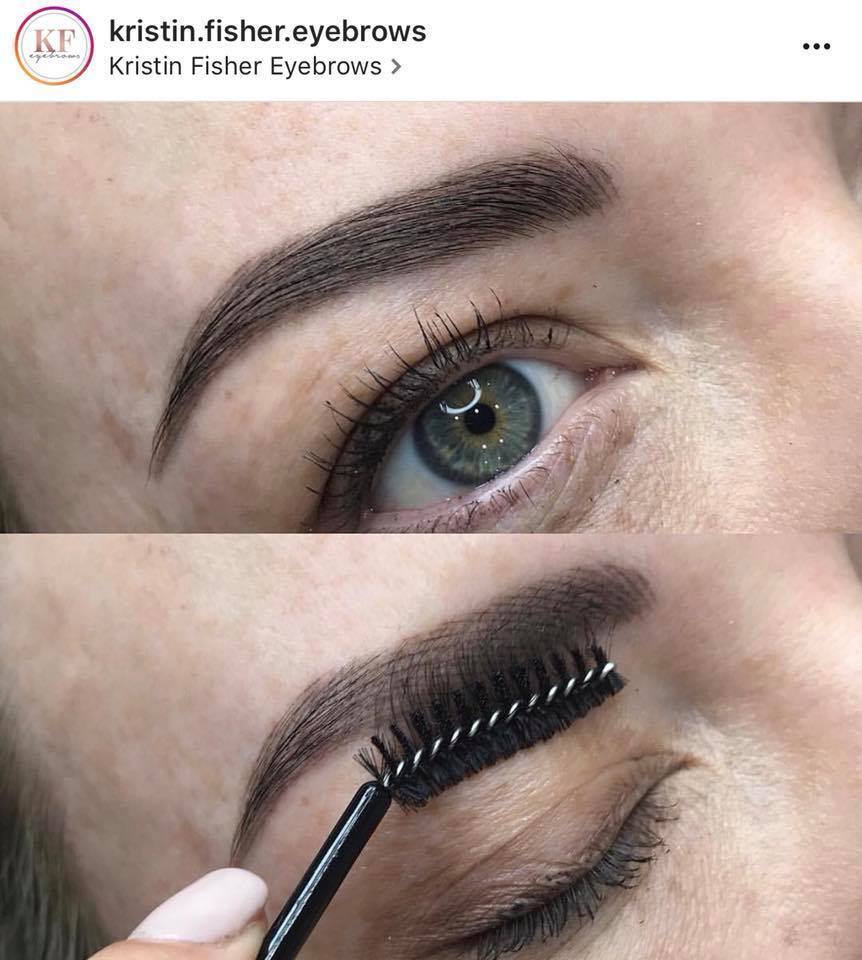 Healed permanent brows after one session using Aqua Classic Brown and Autumn Gold with no modifications by Kristin Fisher.