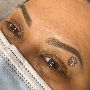 Healed permanent makeup brows using Aqua Classic Brown pigment, shown at 50% dilution and full strength by Stefani Plante.