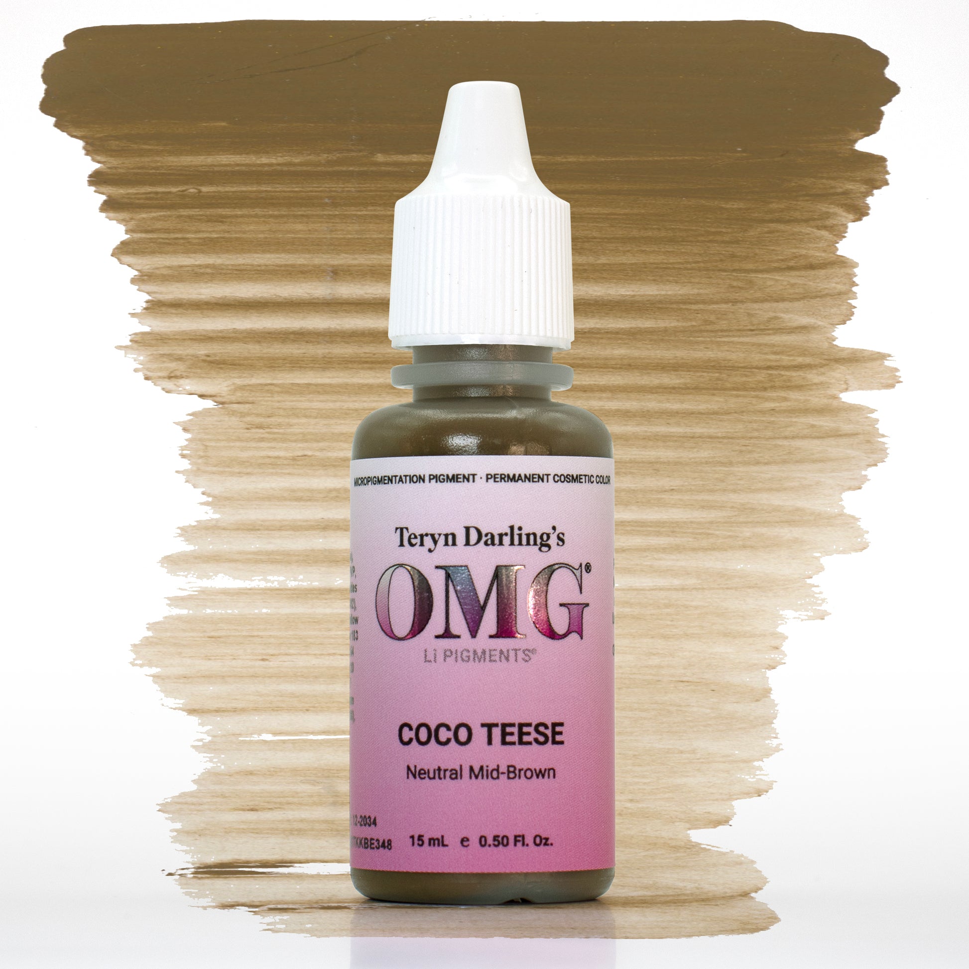  Coco Teese OMG Brow Pigment – neutral mid-brown shade with silky texture, shown over swatch background.