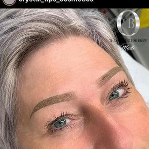 Healed powder brows on mature skin using Cool Blonde Blush and Bold pigments by Crystal Hales, matching salt and pepper hair.

